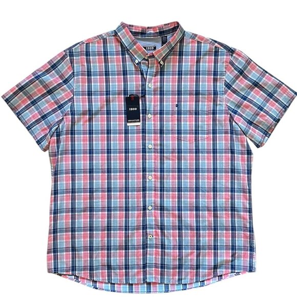 IZOD Advantage Performance Plaid Button Up Shirt Mens 2XL Short Sleeve - Picture 1 of 8